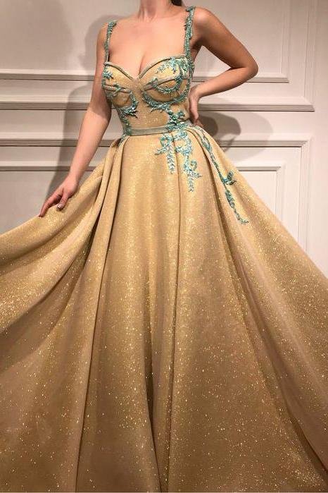 A Line Spaghetti Straps Sweetheart Gold Rhinestone Sparkly Appliques Prom Dresses