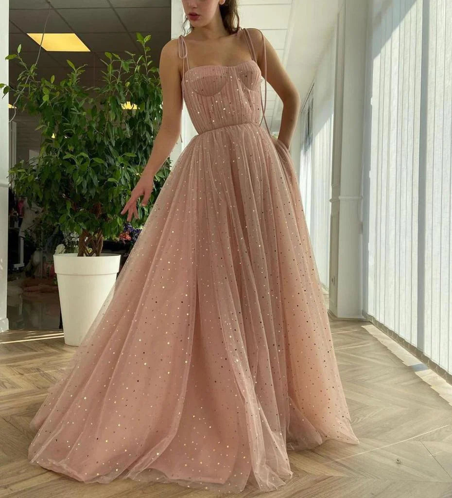 A Line Spaghetti Straps Tulle Long Prom Dresses Pink Sequin Formal Evening Dreses