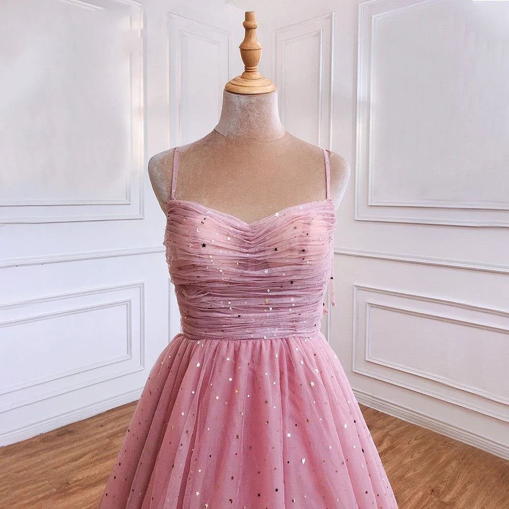 A Line Spaghetti Straps Tulle Long Prom Dresses Pink Sequin Formal Evening Dreses