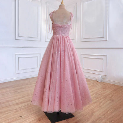 A Line Spaghetti Straps Tulle Long Prom Dresses Pink Sequin Formal Evening Dreses