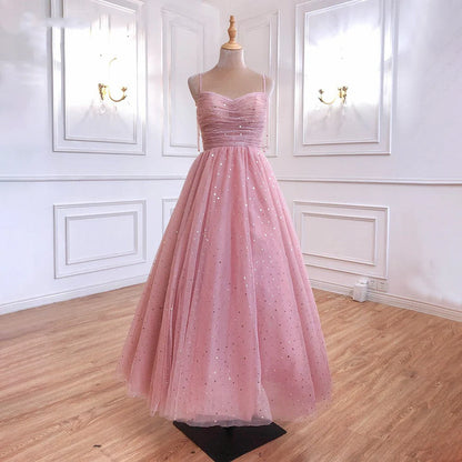 A Line Spaghetti Straps Tulle Long Prom Dresses Pink Sequin Formal Evening Dreses