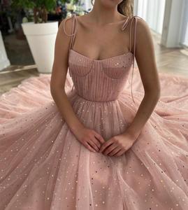 A Line Spaghetti Straps Tulle Long Prom Dresses Pink Sequin Formal Evening Dreses