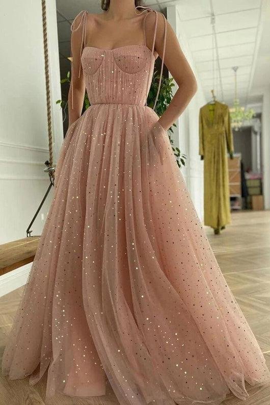 A Line Spaghetti Straps Tulle Long Prom Dresses Pink Sequin Formal Evening Dreses