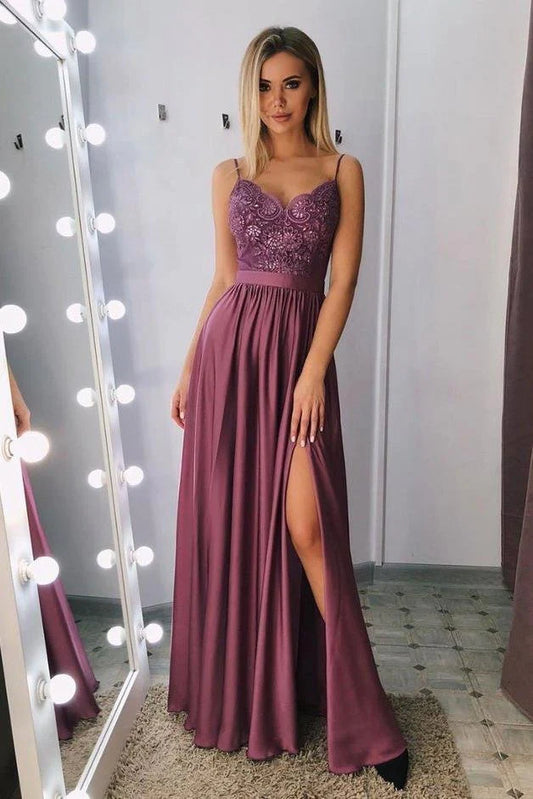A Line Spaghetti Straps V Neck Purple Lace Side Slit Prom Dresses Dresses