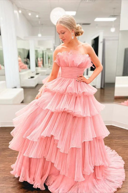 A Line Strapless Princess Tulle Layers Ruffles Long Prom Dress