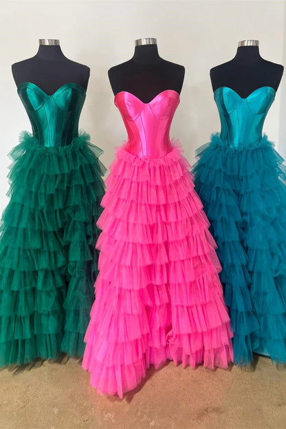 A-Line Strapless Tiered Tulle Satin Long Prom Dress