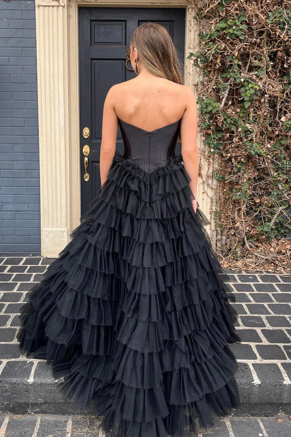 A-Line Strapless Tiered Tulle Satin Long Prom Dress