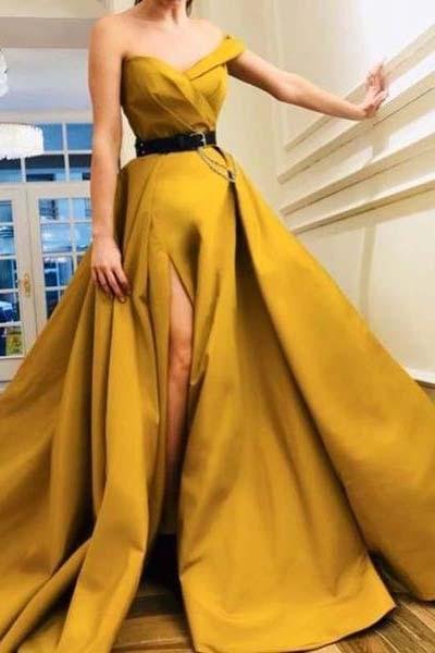 A Line Sweetheart High Slit Satin Ruffles Prom Dresses Long Yellow Evening Dresses