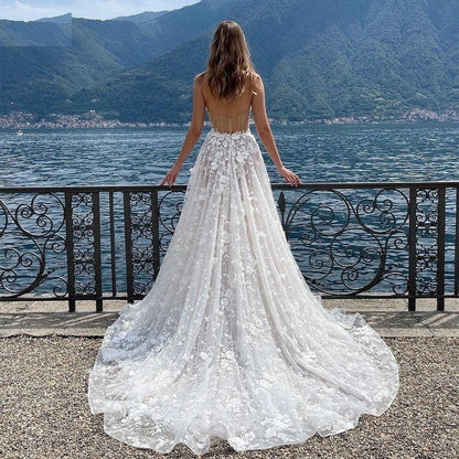 A Line Sweetheart Neck Slit Appliques Flower Embroidery Backless Wedding Dress