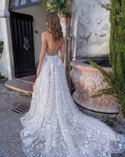 A Line Sweetheart Neck Slit Appliques Flower Embroidery Backless Wedding Dress