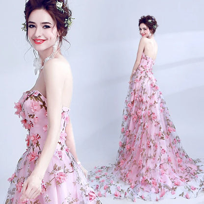 A Line Sweetheart Strapless Sweep Train Floral Print Long Prom Dresses With Flowers