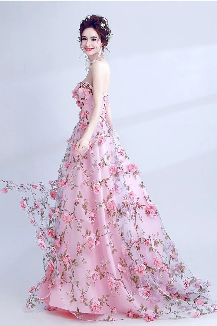 A Line Sweetheart Strapless Sweep Train Floral Print Long Prom Dresses With Flowers