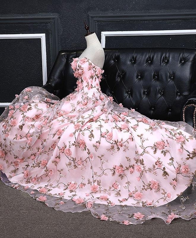 A Line Sweetheart Strapless Sweep Train Floral Print Long Prom Dresses With Flowers