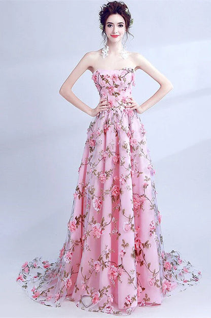 A Line Sweetheart Strapless Sweep Train Floral Print Long Prom Dresses With Flowers