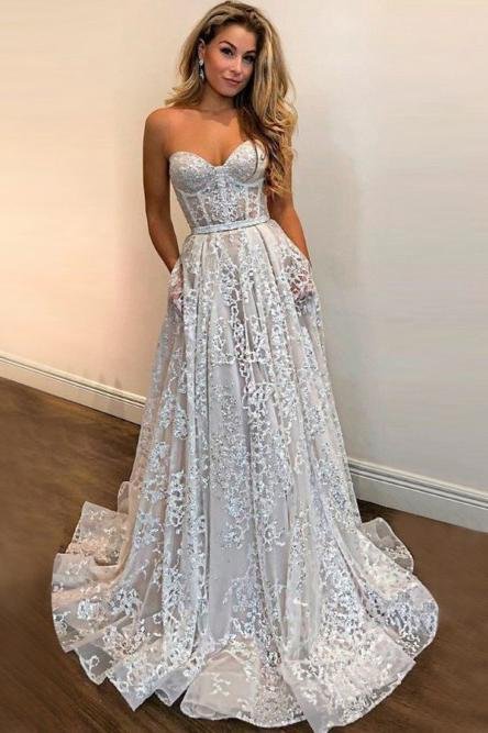 A Line Sweetheart Strapless Sweep Train Lace Pockets Wedding Dress with Sequins