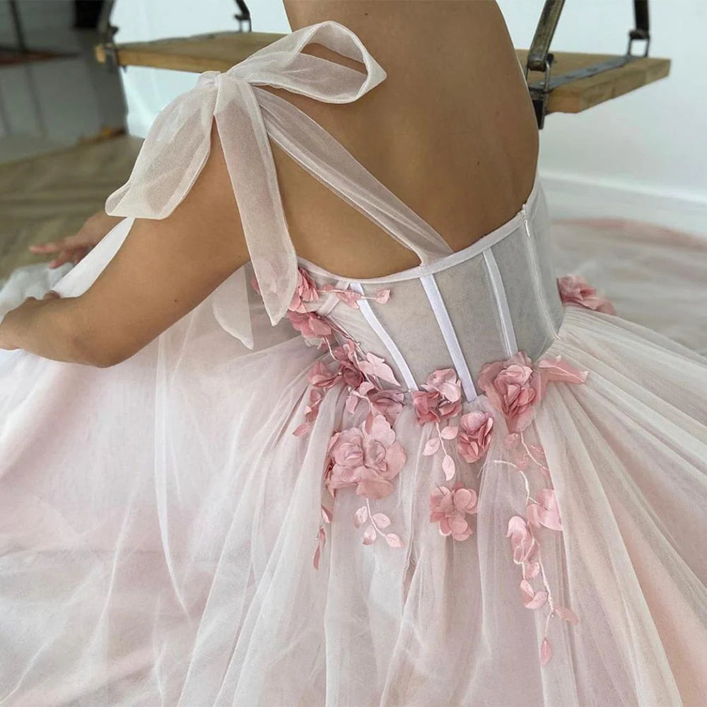 A-Line Sweetheart Tulle Applique Open Back Long with Flowers Prom Dresses