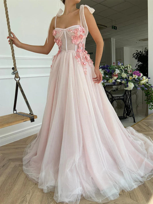 A-Line Sweetheart Tulle Applique Open Back Long with Flowers Prom Dresses