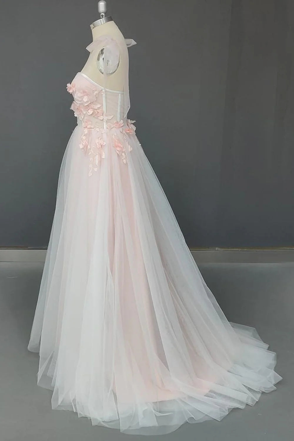 A-Line Sweetheart Tulle Applique Open Back Long with Flowers Prom Dresses