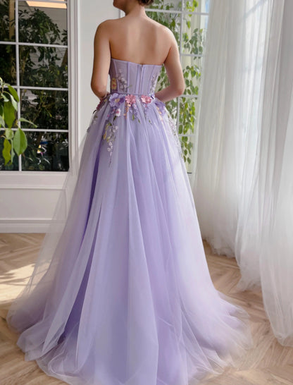 A Line Sweetheart Tulle Long Evening Dresses Prom Dresses With 3D Flower