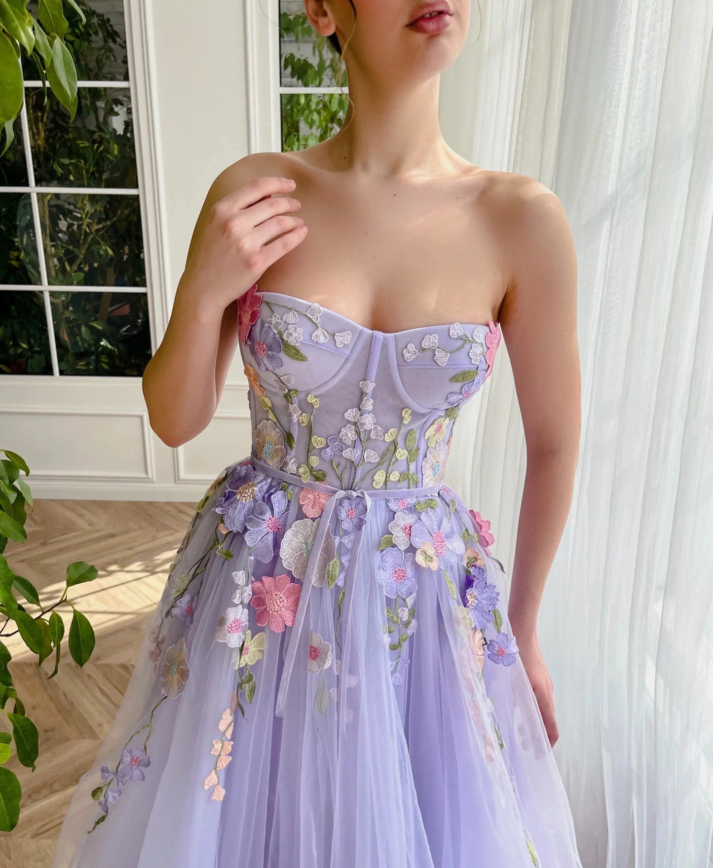 A Line Sweetheart Tulle Long Evening Dresses Prom Dresses With 3D Flower