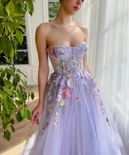 A Line Sweetheart Tulle Long Evening Dresses Prom Dresses With 3D Flower