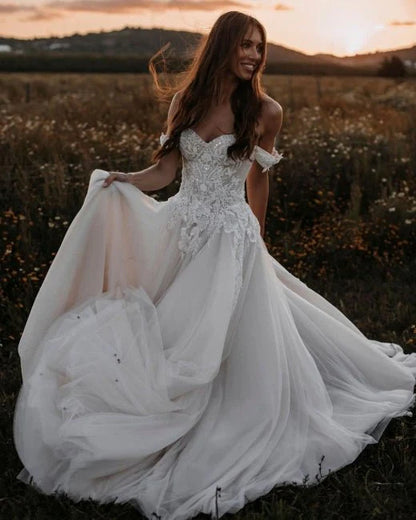 A Line Tulle Off The Shoulder Floor Length Wedding Dresses