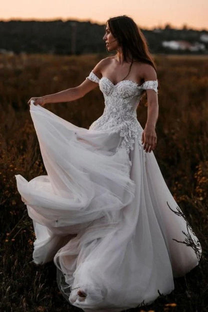 A Line Tulle Off The Shoulder Floor Length Wedding Dresses