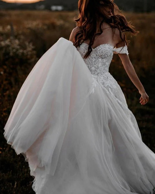 A Line Tulle Off The Shoulder Floor Length Wedding Dresses