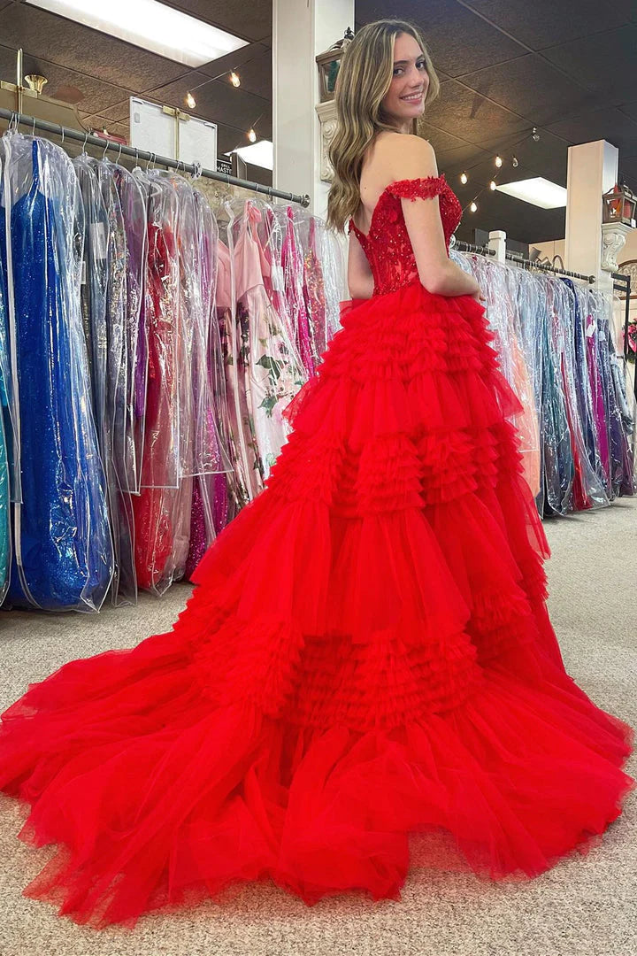 A Line Tulle Off-the-Shoulder Ruffle Tiered Long Prom Dress