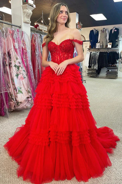 A Line Tulle Off-the-Shoulder Ruffle Tiered Long Prom Dress