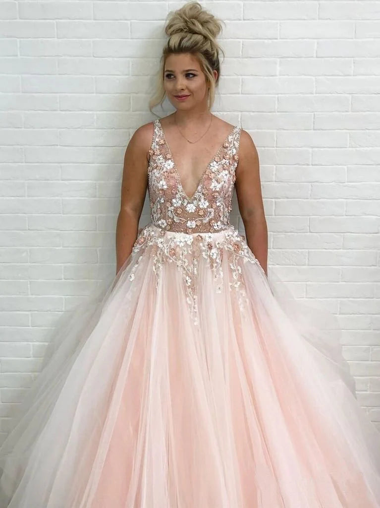 A Line Tulle V Neck Prom Dresses Beads Pink Lace Appliques Backless Evening Dresses