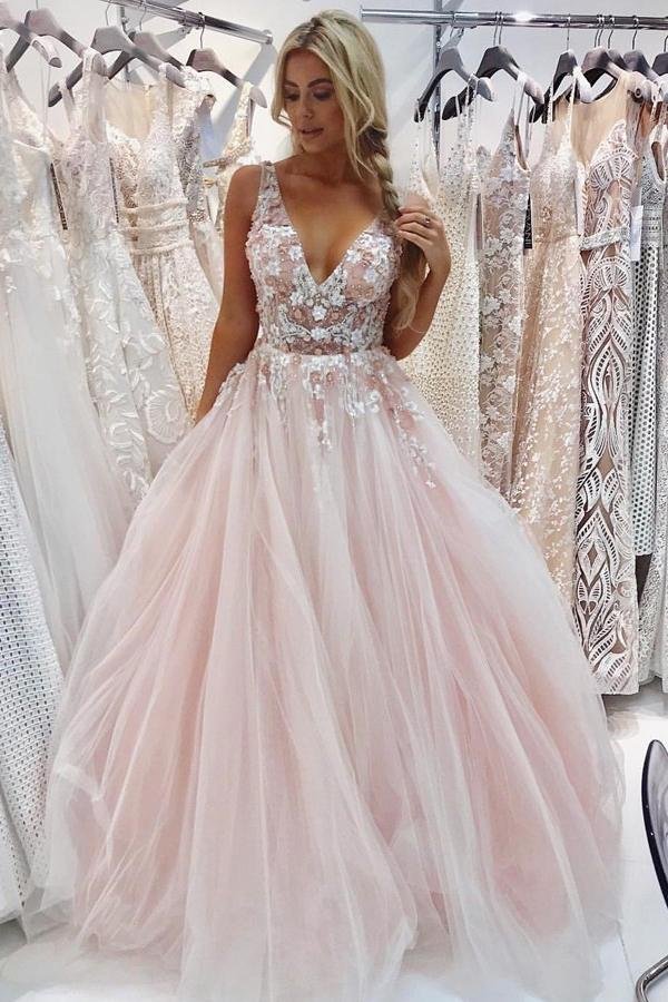 A Line Tulle V Neck Prom Dresses Beads Pink Lace Appliques Backless Evening Dresses