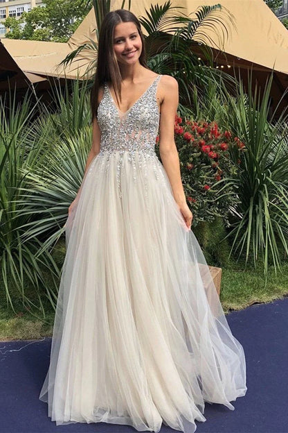 A Line V Neck Backless Beaded Ivory Prom Dresses Sequins Backless Formal Dresses