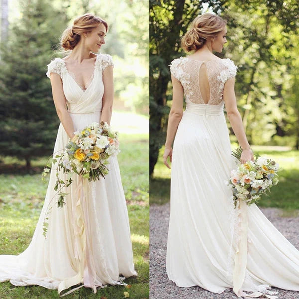 A-Line V-Neck Chiffon with Lace Appliqued Cap Sleeves Chapel Train Wedding Dresses