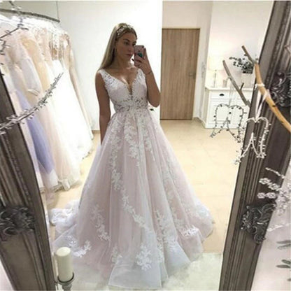 V Neck Modest Lace Tulle Wedding Dresses Bride Gowns