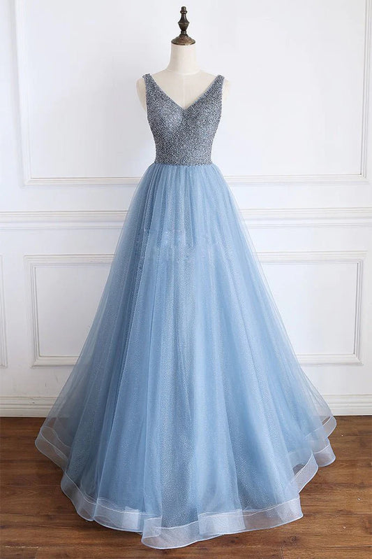 A Line V Neck Powder Blue V Back Prom Dress with Beading Evening Dress