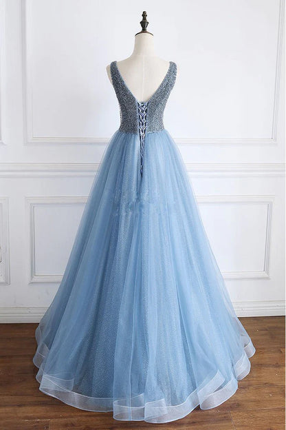 A Line V Neck Powder Blue V Back Prom Dress with Beading Evening Dress