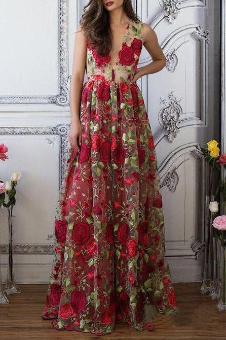 A Line V Neck Red Floral Boho Prom Dress Elegant Long Evening Dresses