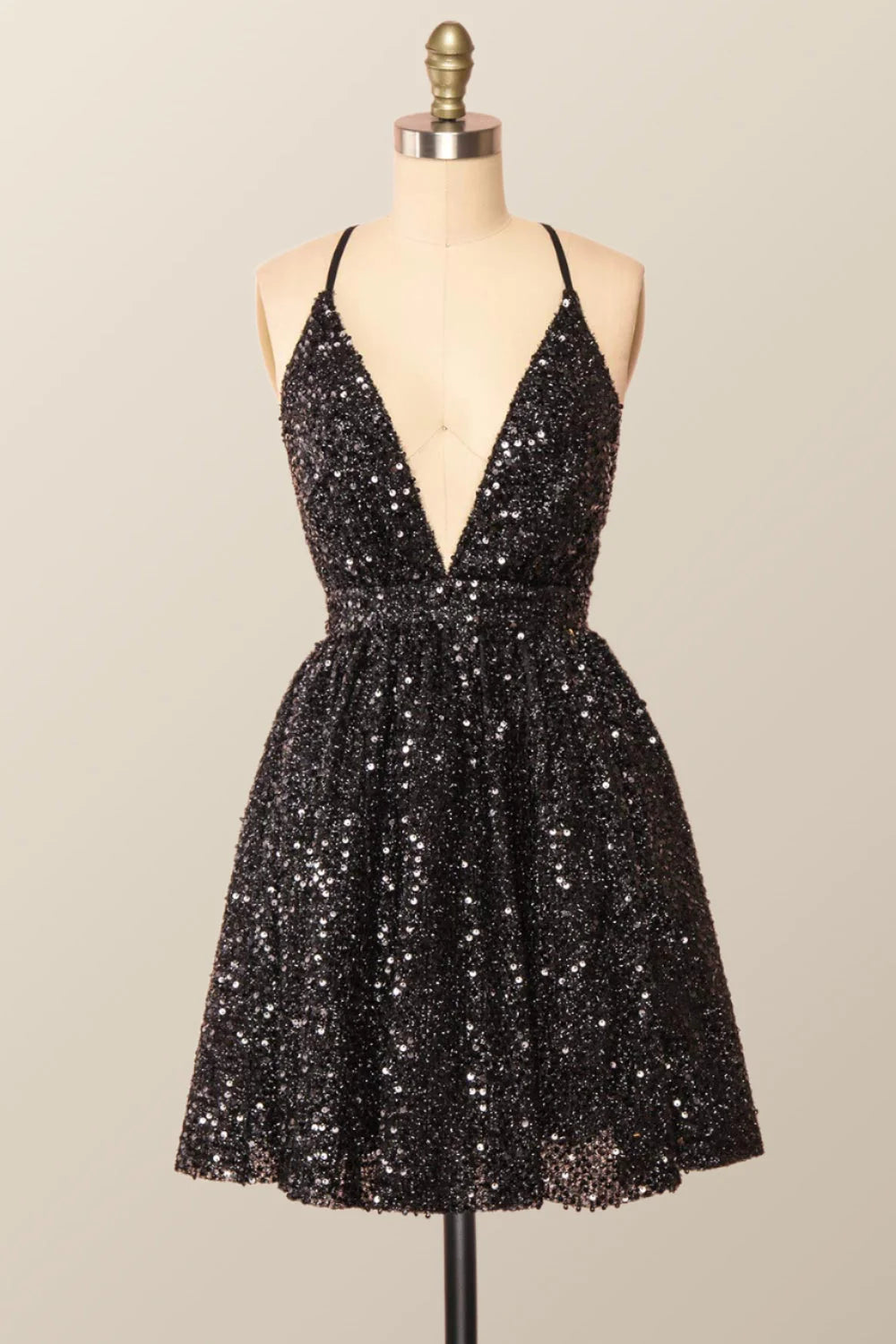 V Neck Spaghetti Strap Short Sequin Black With Criss-Cross Mini Homecoming Dress