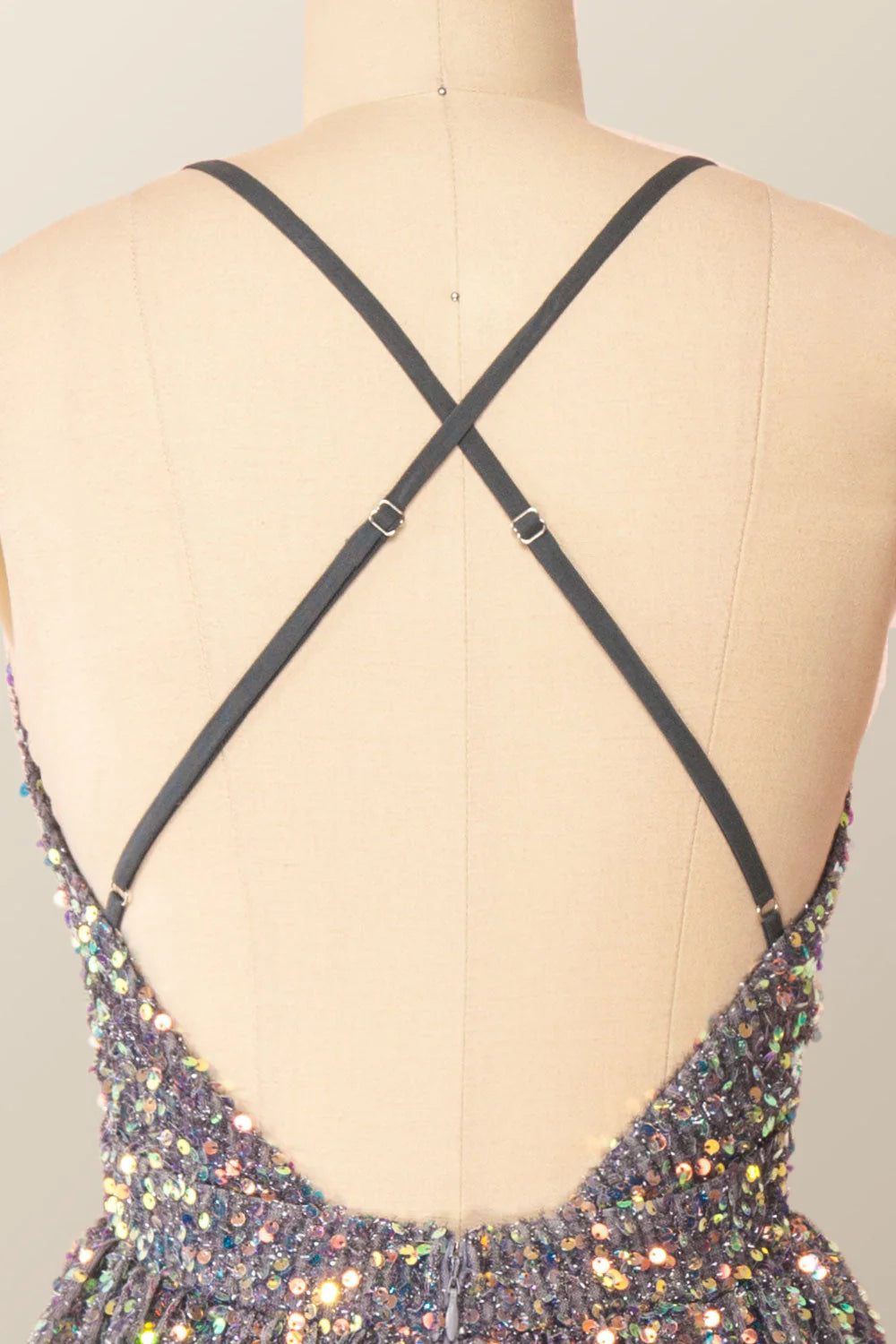 V Neck Spaghetti Strap Short Sequin Black With Criss-Cross Mini Homecoming Dress