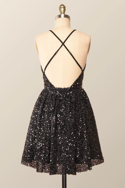 V Neck Spaghetti Strap Short Sequin Black With Criss-Cross Mini Homecoming Dress