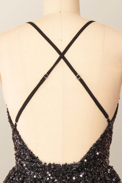 V Neck Spaghetti Strap Short Sequin Black With Criss-Cross Mini Homecoming Dress