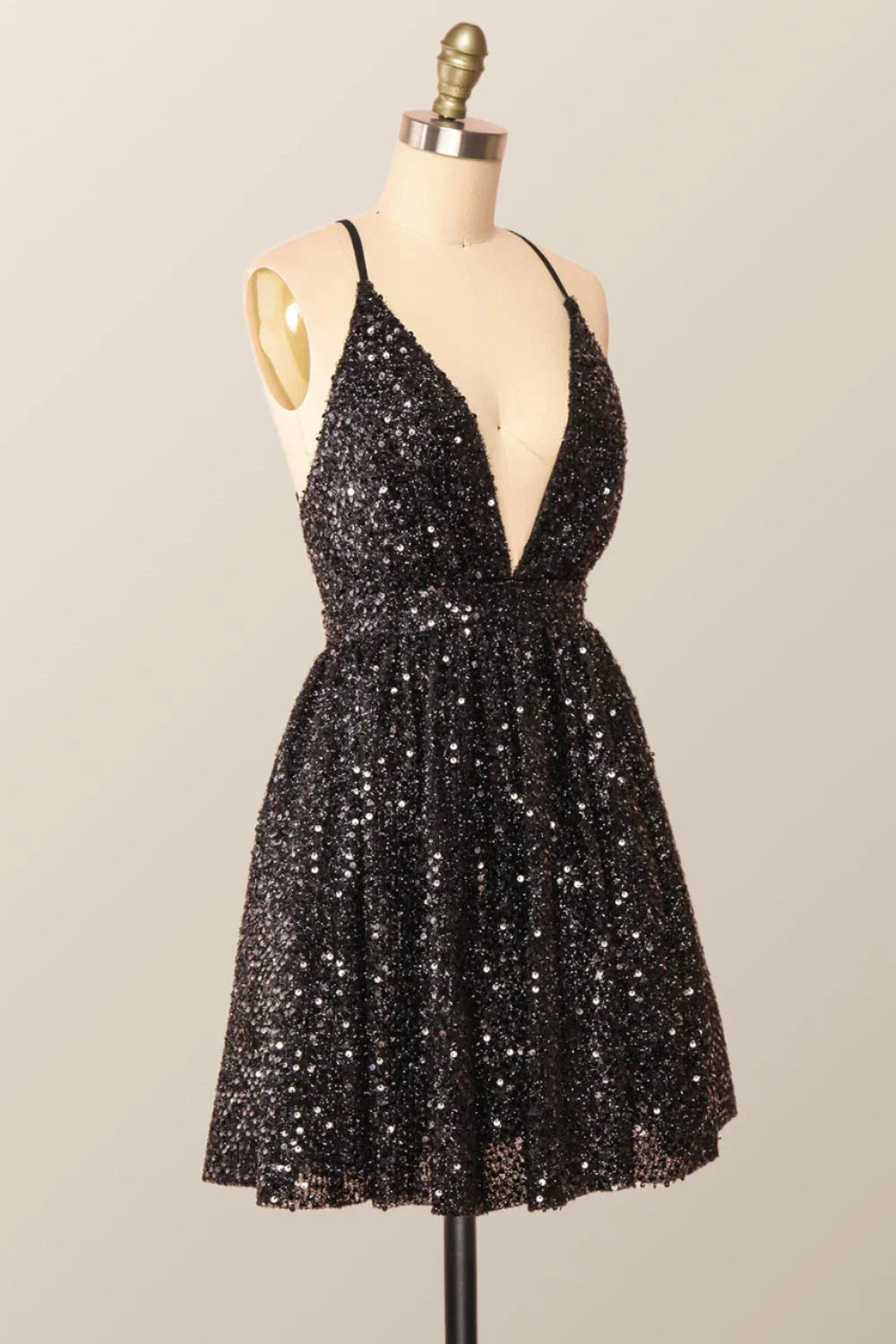 V Neck Spaghetti Strap Short Sequin Black With Criss-Cross Mini Homecoming Dress