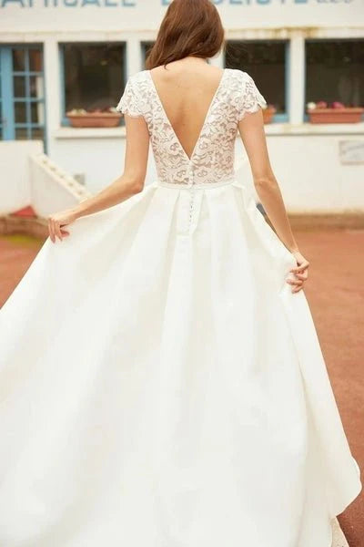 V Neck Vintage High Low Capped Sleeves Lace Appliques Wedding Dresses