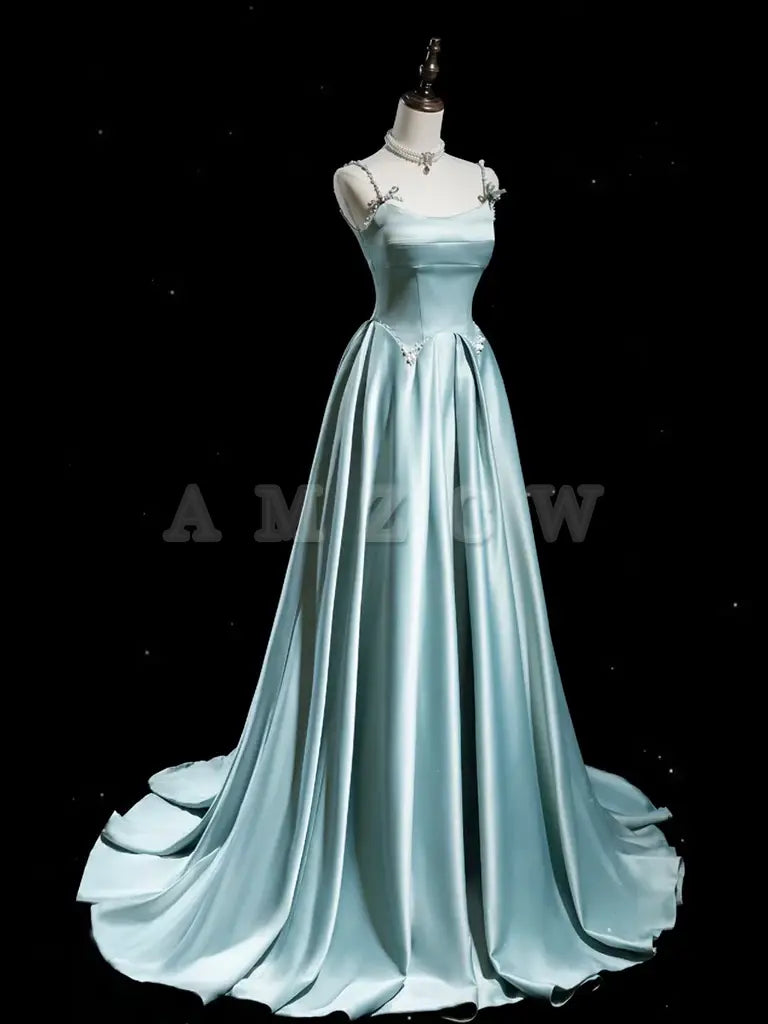 Amzcw A-Line Blue Satin Long Prom Dress Blue Long Formal Dress prom dresses shops