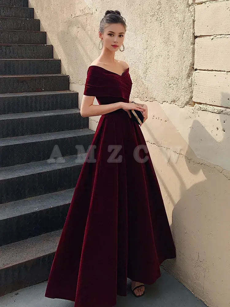 Amzcw A-Line Burgundy off Shoulder Tea Length Prom Dress Burgundy Formal Dress prom dress in store ﻿