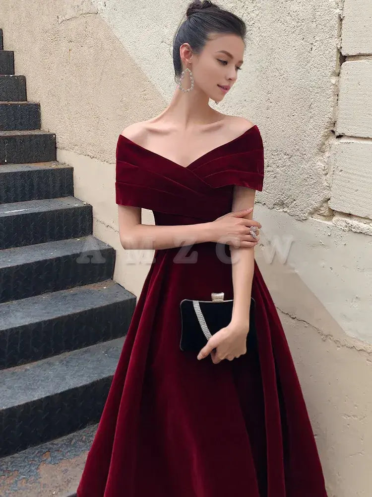 Amzcw A-Line Burgundy off Shoulder Tea Length Prom Dress Burgundy Formal Dress prom dress in store ﻿