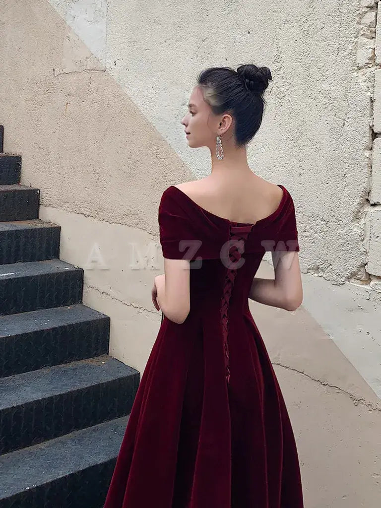 Amzcw A-Line Burgundy off Shoulder Tea Length Prom Dress Burgundy Formal Dress prom dress in store ﻿