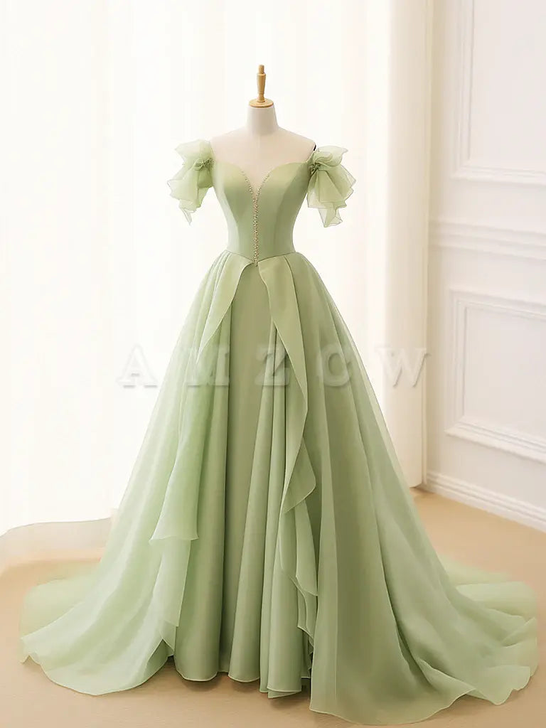 Amzcw A-Line Green Tulle Long Prom Dress Green Tulle Long Formal Dress prom dress in store