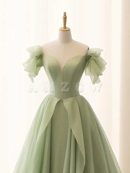 Amzcw A-Line Green Tulle Long Prom Dress Green Tulle Long Formal Dress prom dress in store